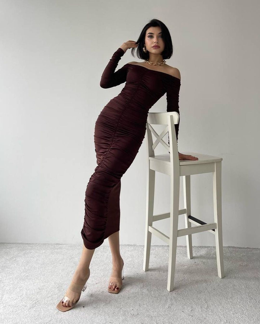 Robe moulante drapée - marron