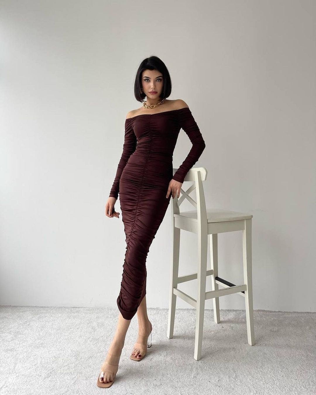 Robe moulante drapée - marron